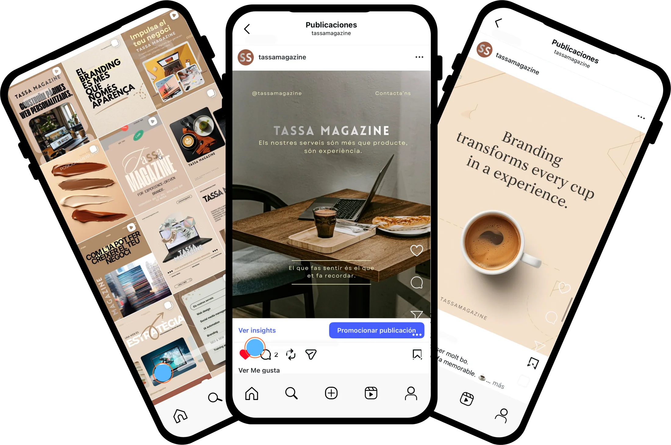 Tres móviles con el feed y publicaciones de Instagram de Tassa Magazine